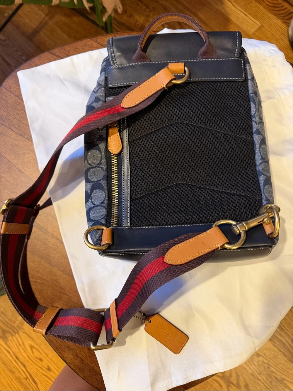 Coach Navy Signature Canvas and Leather Crossbody with Red-Trim Strap